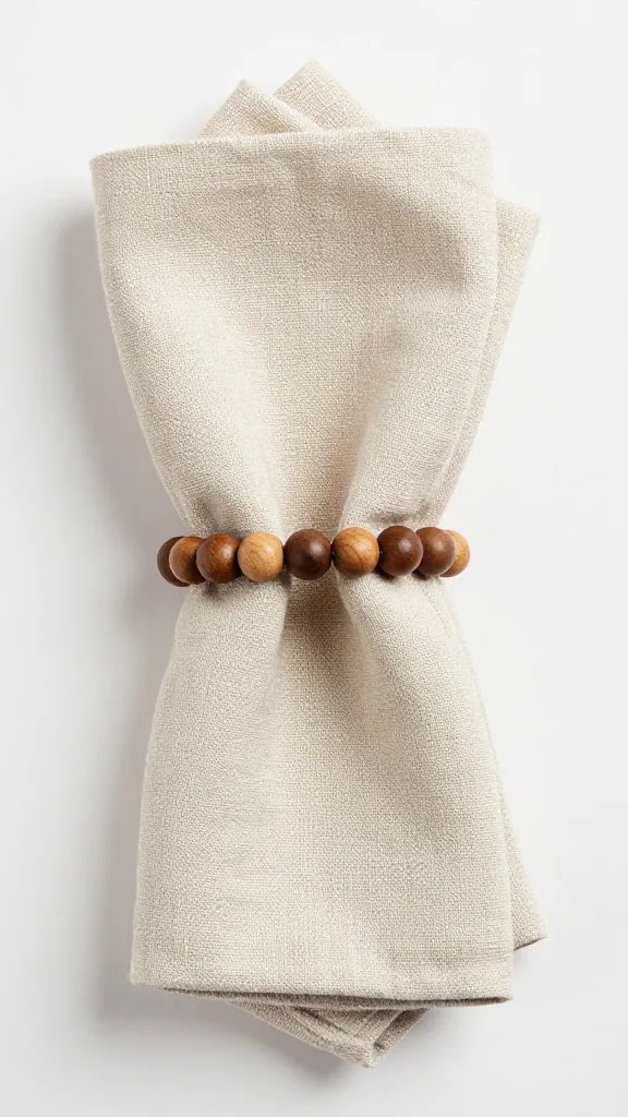 single natural linen napkin wrapped by wood bead ring