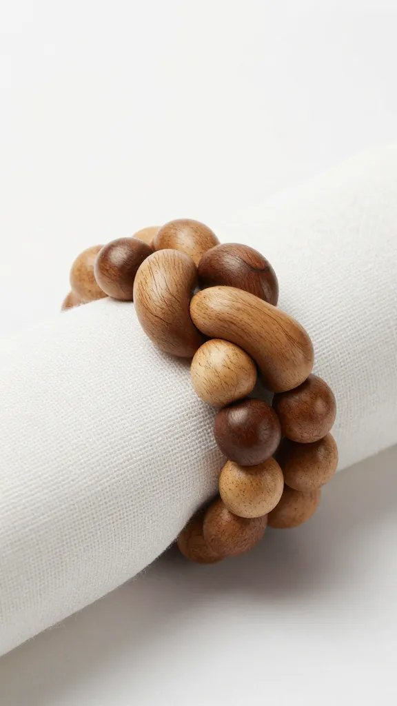 knotted loop connector on wood bead napkin ring