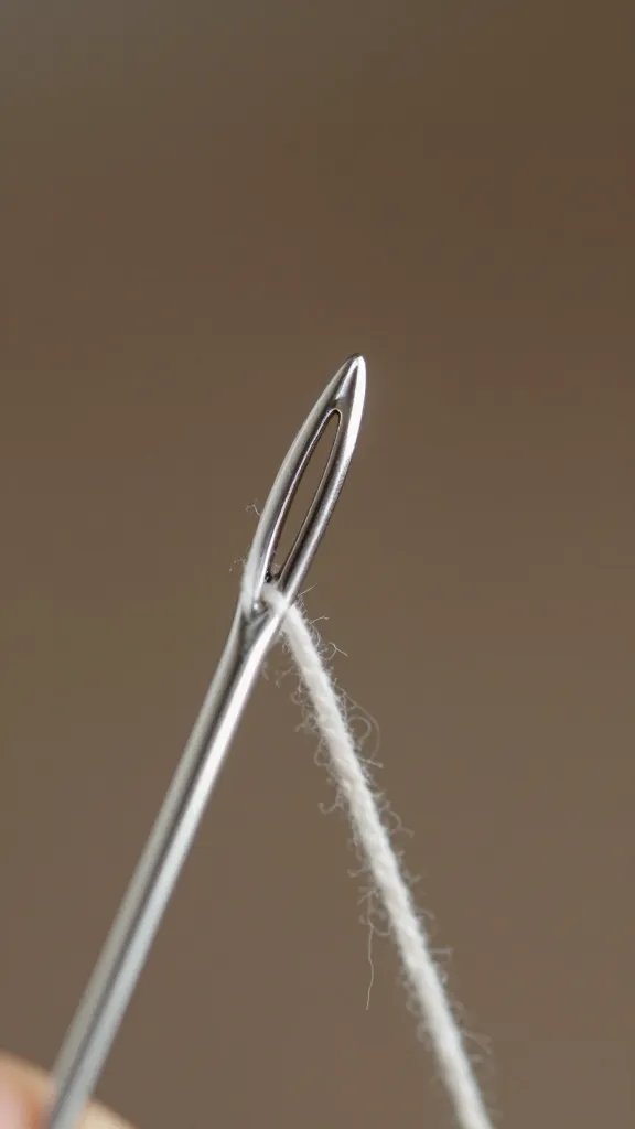 closeup of bead threading through cotton cord needle