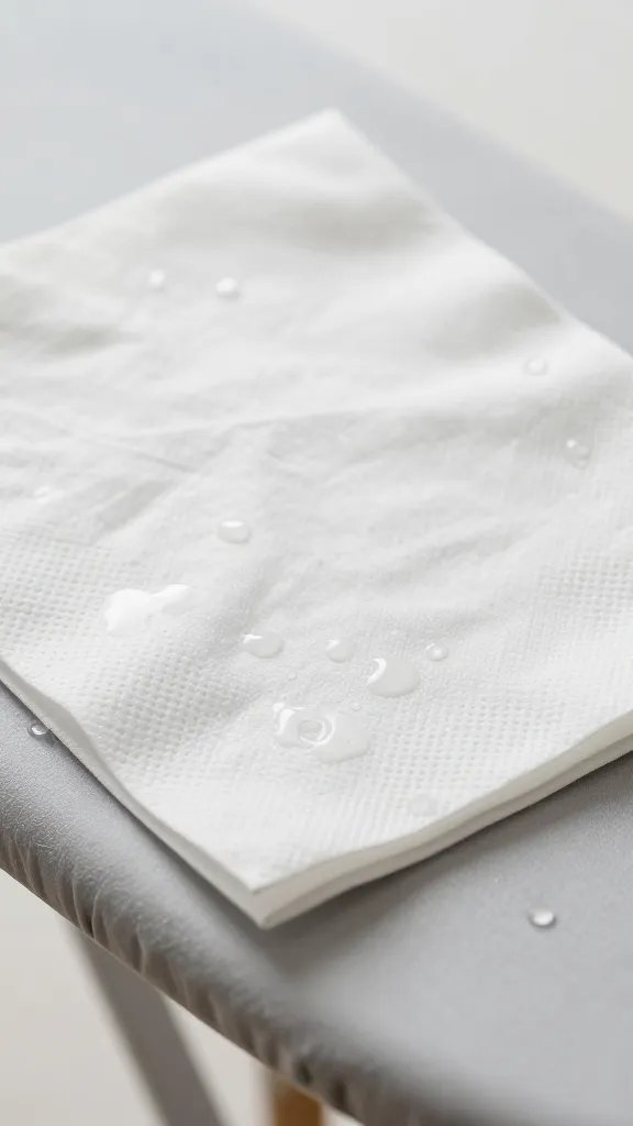 closeup of damp cotton napkin on ironing board