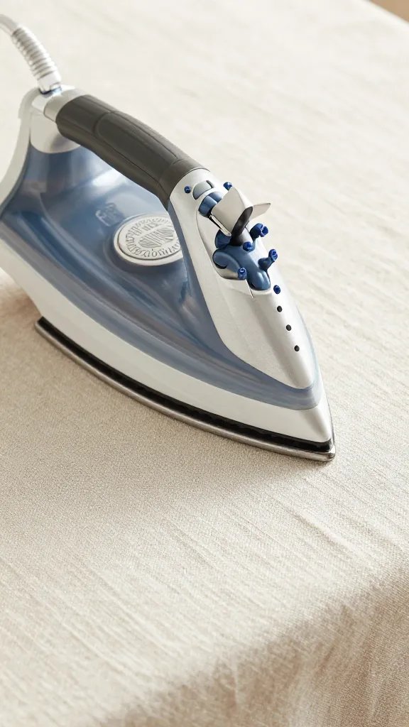 steam iron soleplate gliding over linen tablecloth