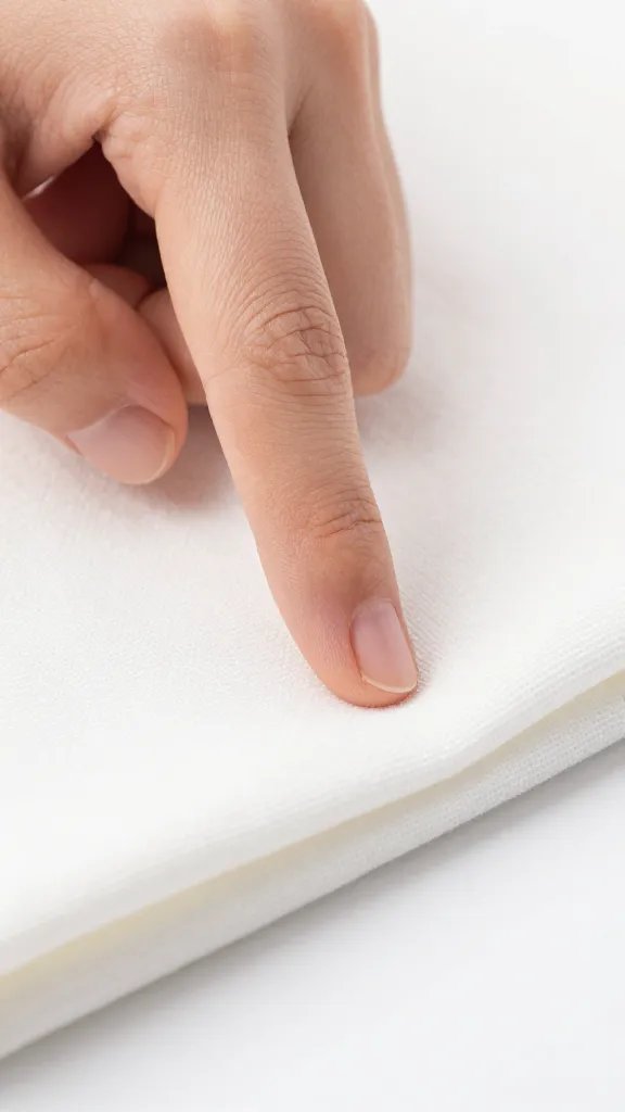 fingertip testing dampness on folded tablecloth edge