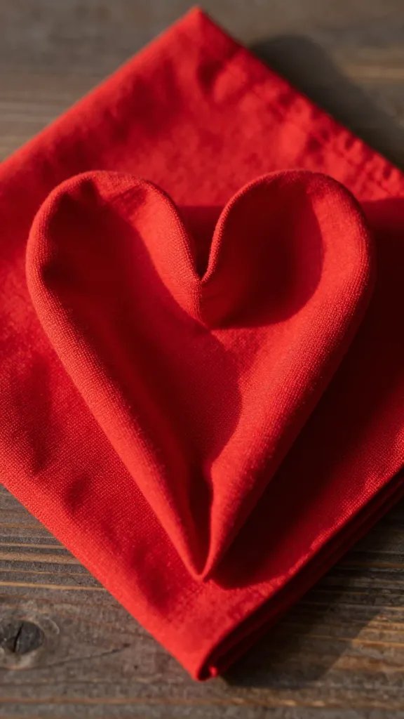 closeup red cotton napkin folded into heart at golden hour