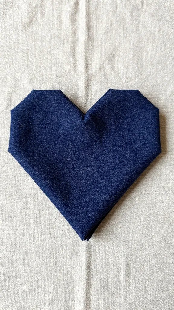 navy cotton napkin crisp heart fold on neutral linen cloth