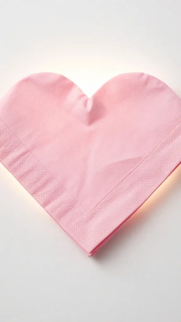 blush pink napkin heart with sharp creases, soft backlight
