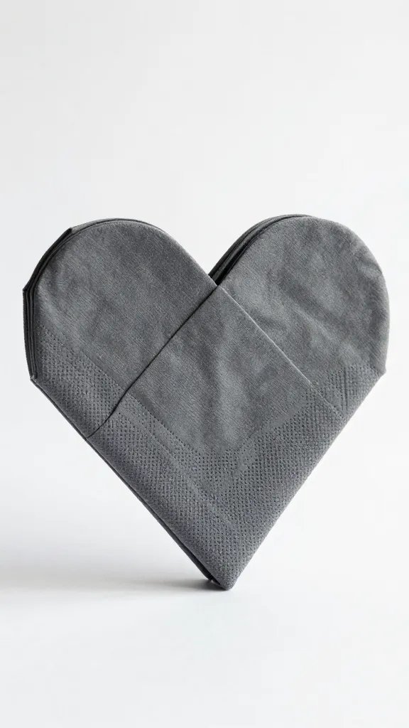 charcoal grey napkin heart fold standing upright, breeze-tested