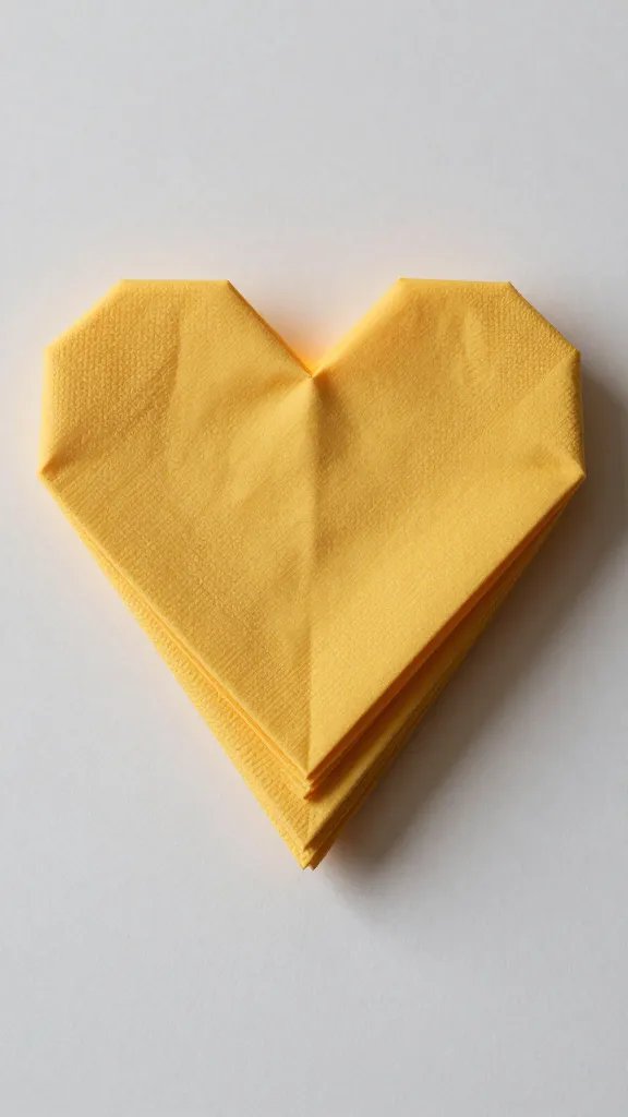 mustard yellow napkin heart fold, golden-hour rim light