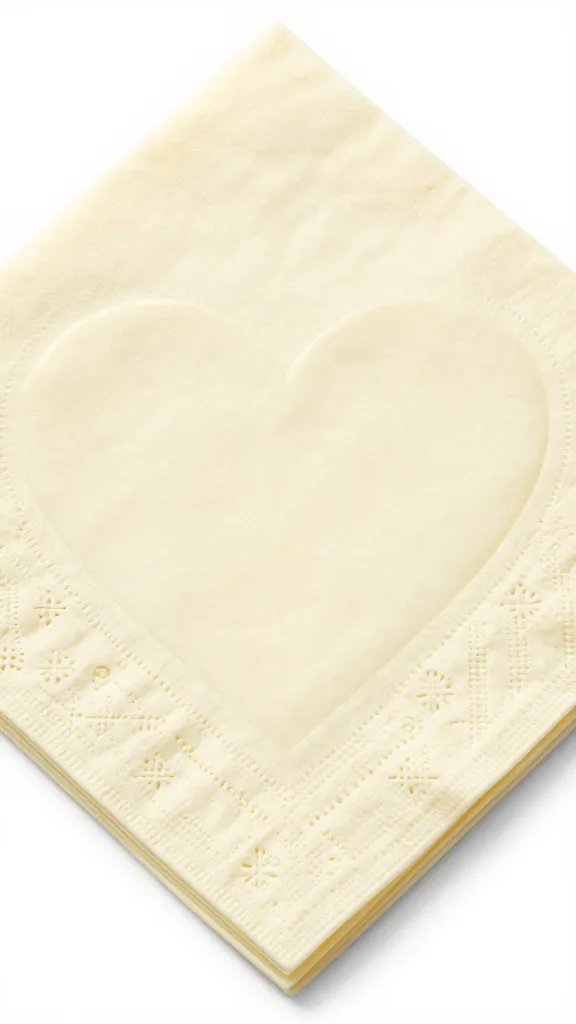 cream paper napkin heart with smooth finish, tabletop closeup