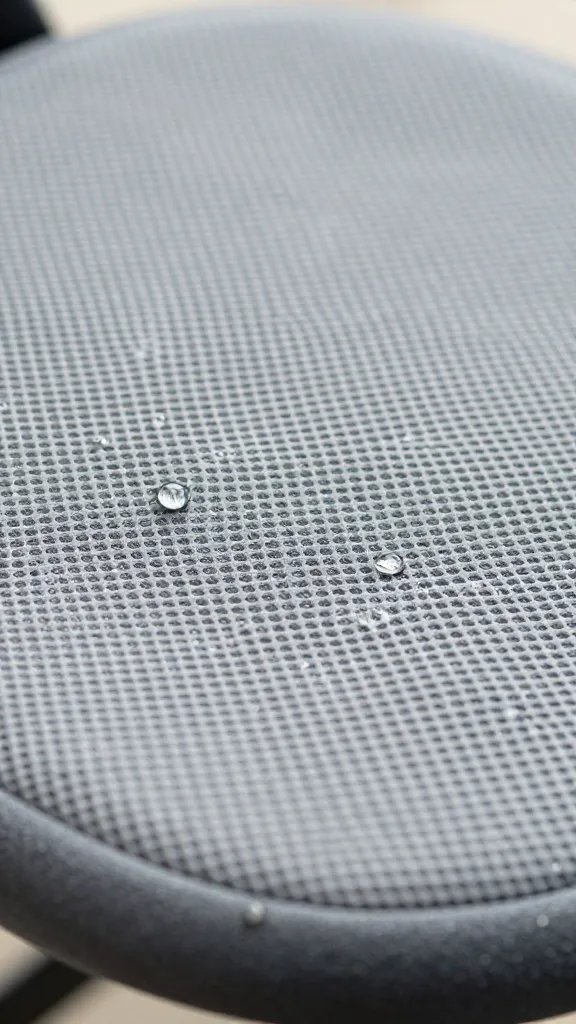 closeup of quick-dry mesh seat draining dew droplets