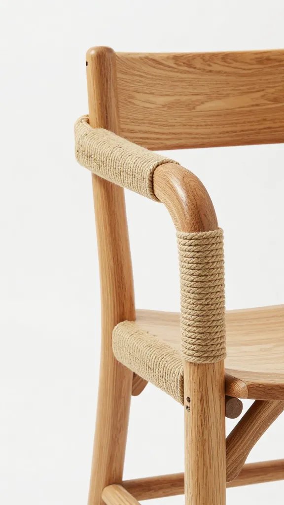 single teak chair arm wrapped in marine-grade rope