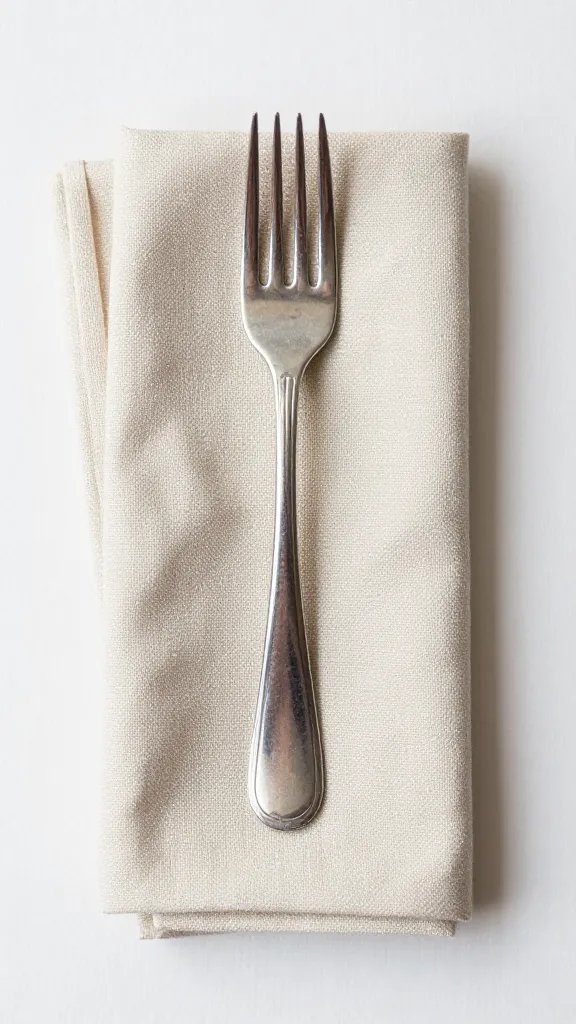 French Pleat napkin holding single fork, linen texture