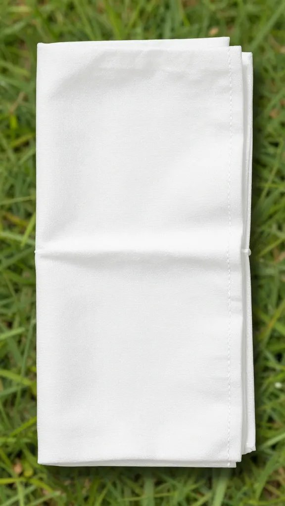 White cotton French Pleat napkin against grass background