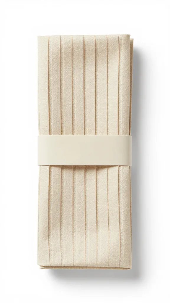Beige French Pleat napkin secured with flat book press