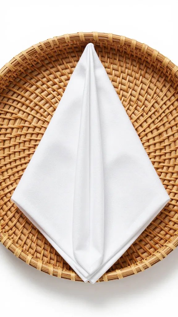 Single French Pleat napkin on rattan picnic plate