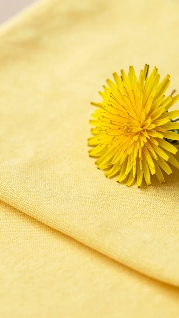 closeup lemon-yellow linen napkin beside fresh dandelion bloom