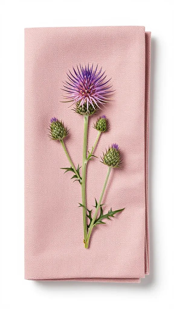 dusty-rose napkin mirroring wild thistle blossom, studio lighting