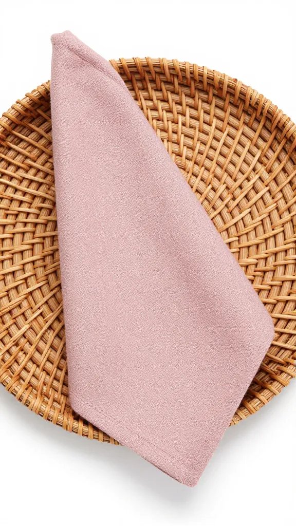 dusty rose cotton-linen rosette napkin in rattan charger
