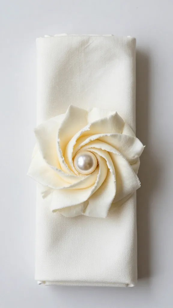 cream rosette napkin secured with pearl pin