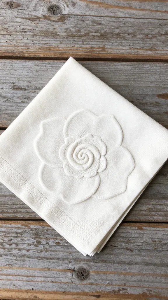 sage rosette napkin on weathered wood tabletop