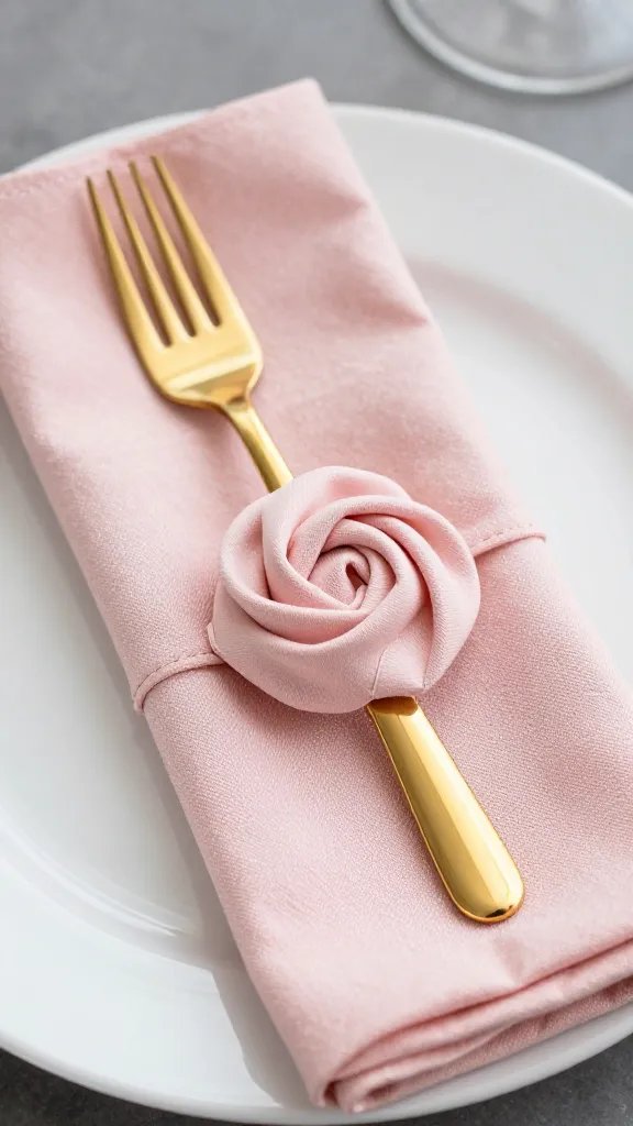 blush rosette napkin weighted by gold flatware tip