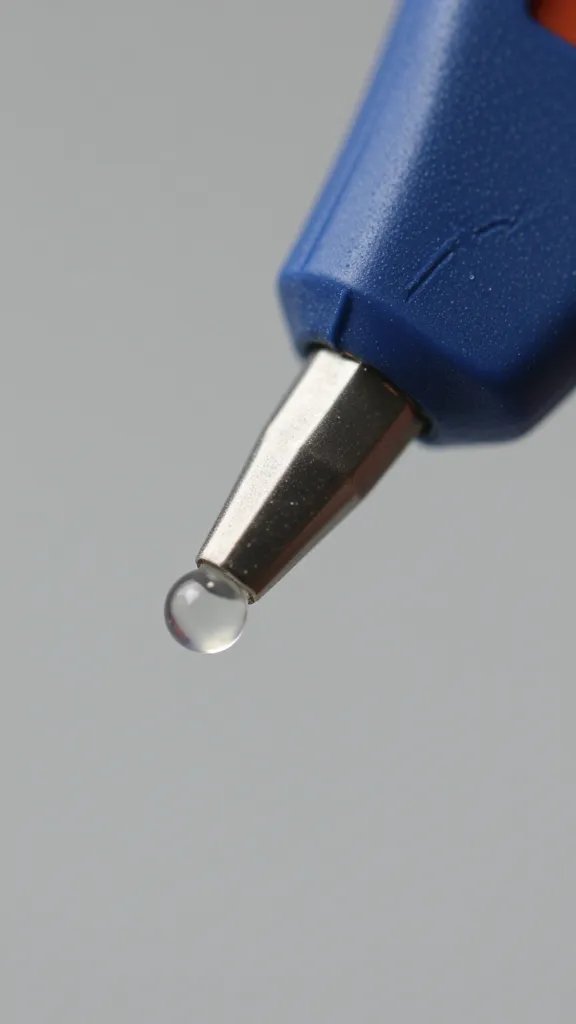 high-temp glue gun tip with clear glue bead, macro