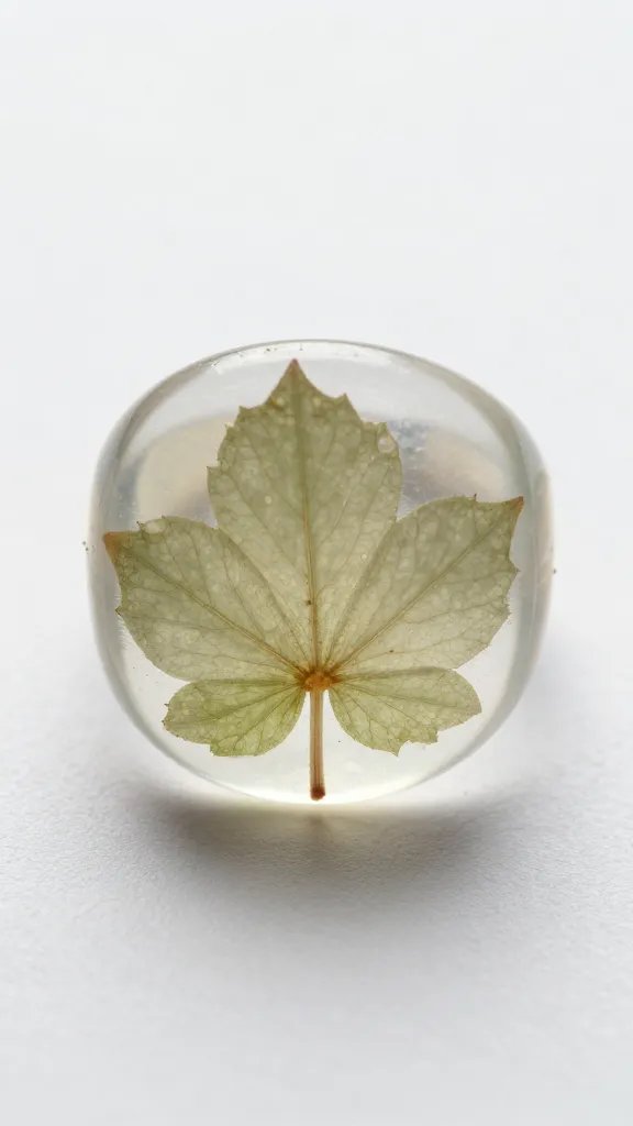 single botanical-pressed glue ring, translucent macro detail