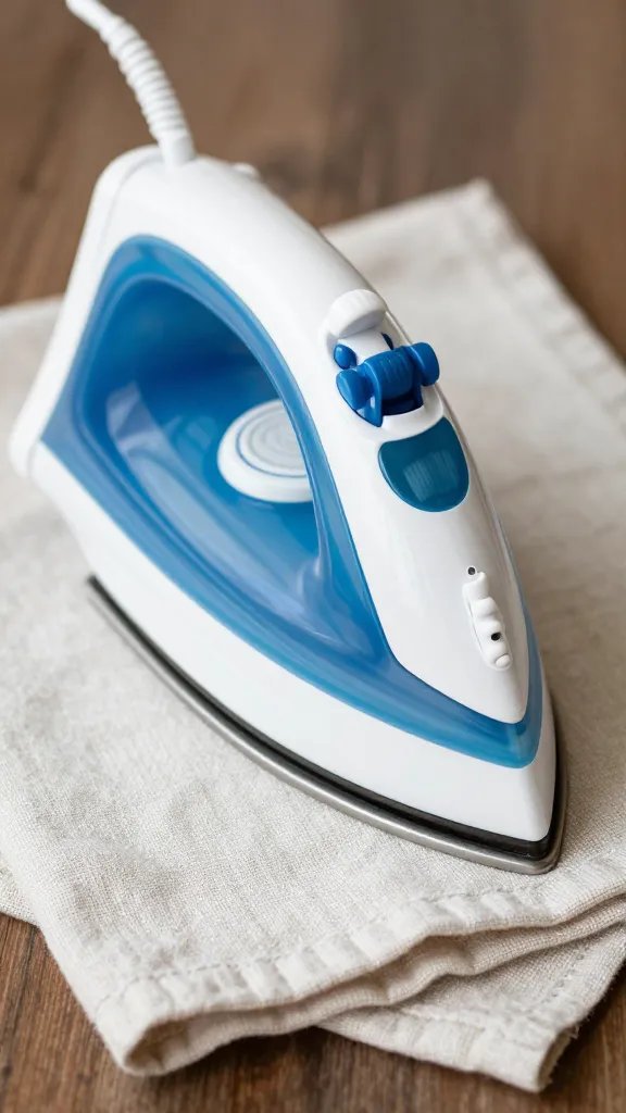 steam iron gliding on Belgian linen napkin, close crop