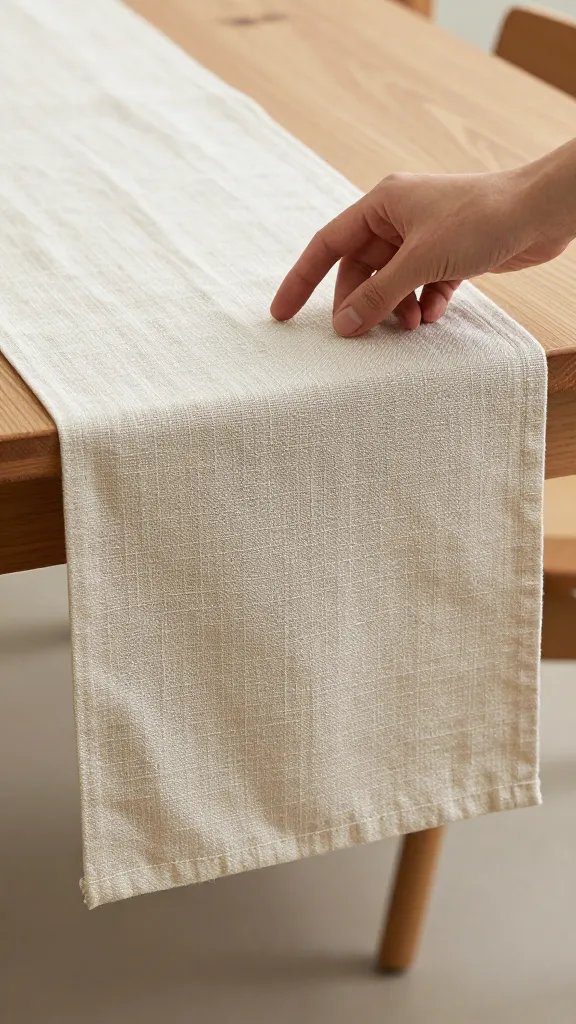 hand smoothing Belgian linen table runner, weave detail