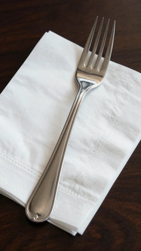 stainless fork handle peeking from napkin pocket