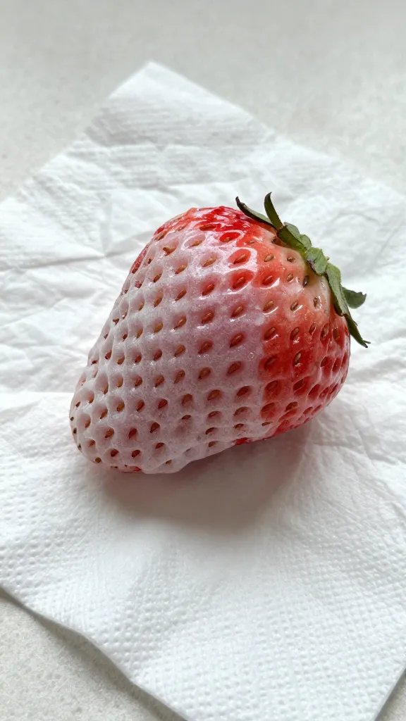 closeup of crumpled paper napkin stuck to strawberry