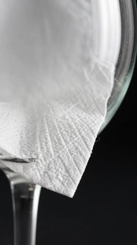 macro of paper napkin fibers clinging to wine glass rim
