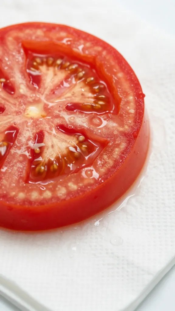 closeup of wet paper napkin tearing on tomato slice