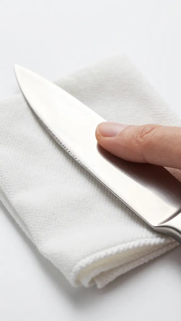 closeup of lint-free cloth wiping cheese knife blade