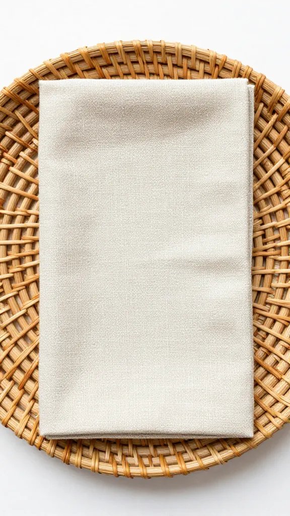 single monogrammed linen cocktail napkin on rattan plate charger