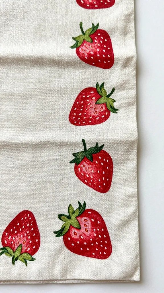closeup vintage linen napkin with strawberry border, natural light