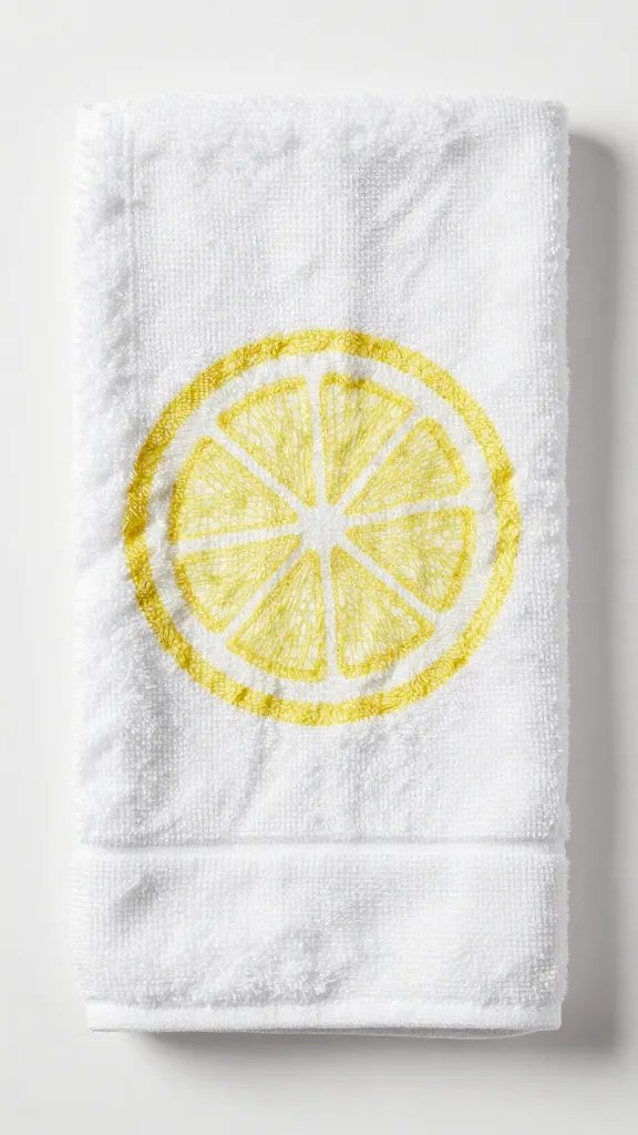 single cotton tea towel with lemonade ring stain, macro