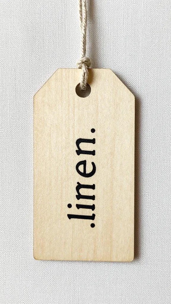 single wooden tag marked “linen,” pinned to fabric, closeup