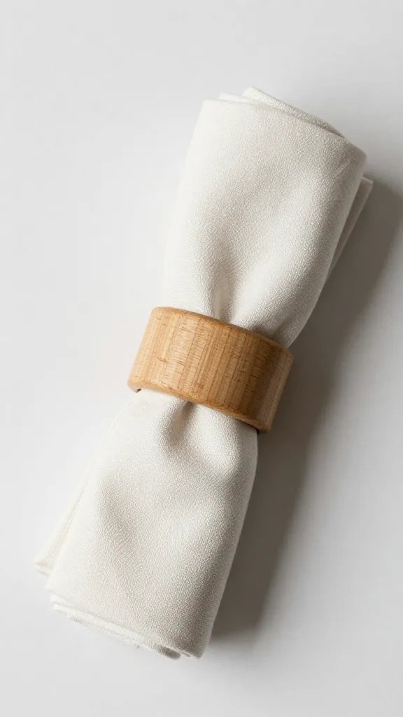 neatly rolled organic cotton napkin with wooden ring