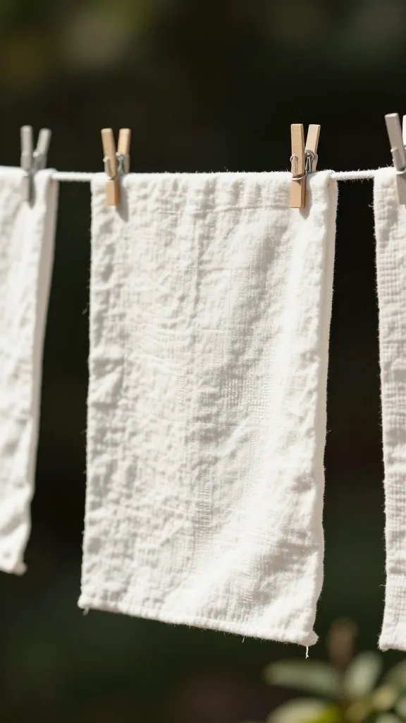 sunlit organic cotton napkin drying on clothesline
