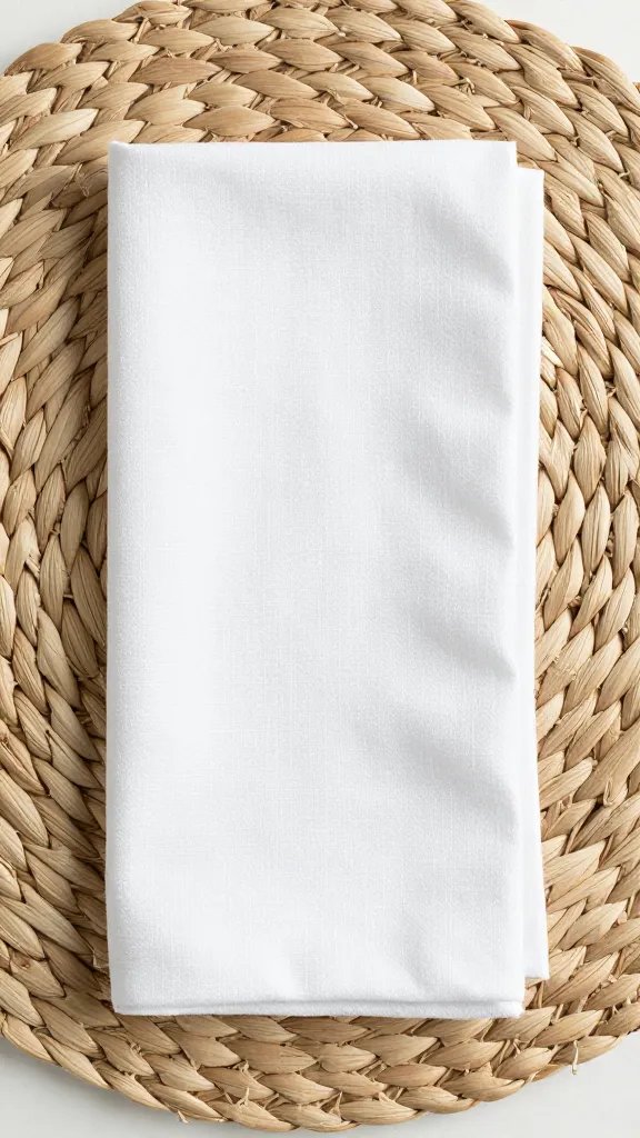 crisp white organic cotton napkin on woven charger