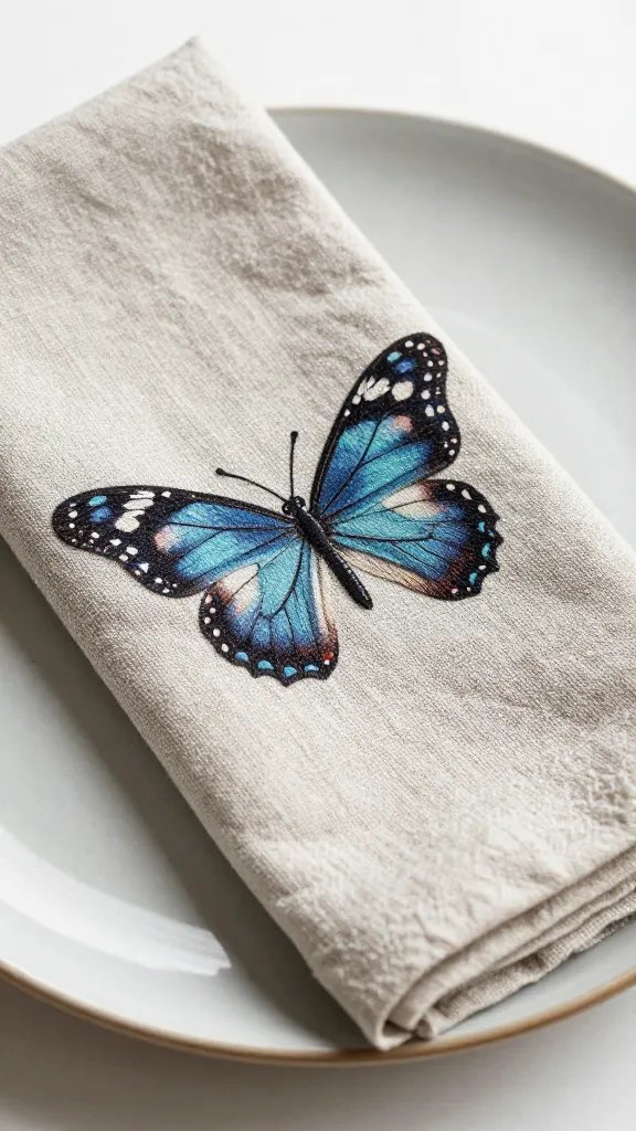 closeup of butterfly-fold linen napkin on stoneware plate