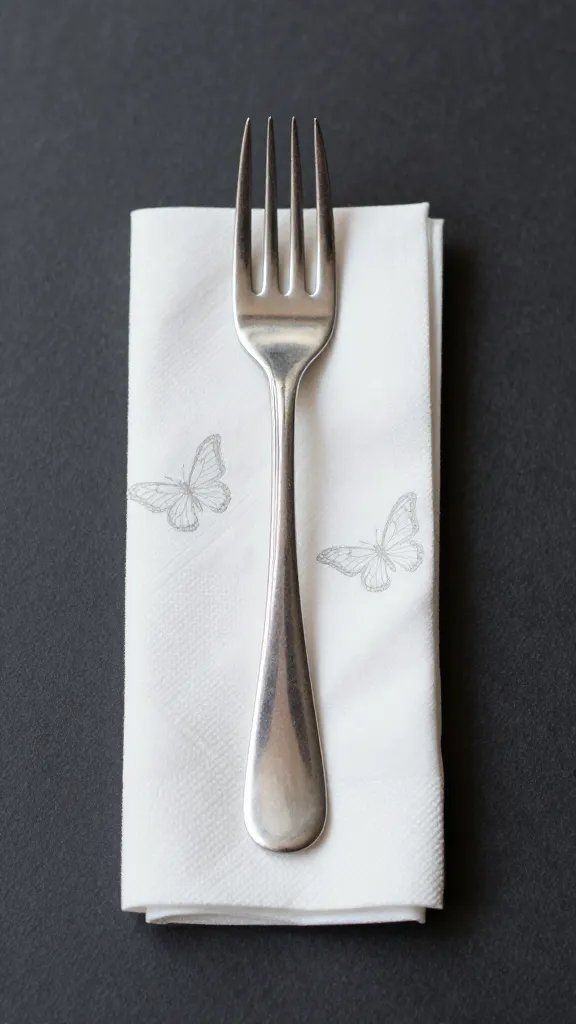 butterfly-fold napkin tucked under single stainless fork