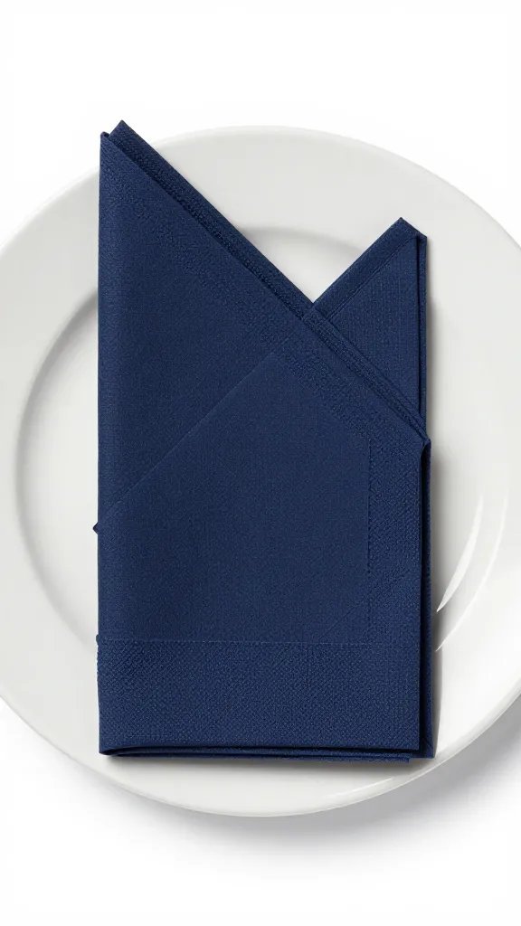 butterfly-fold navy napkin centered on white enamel plate