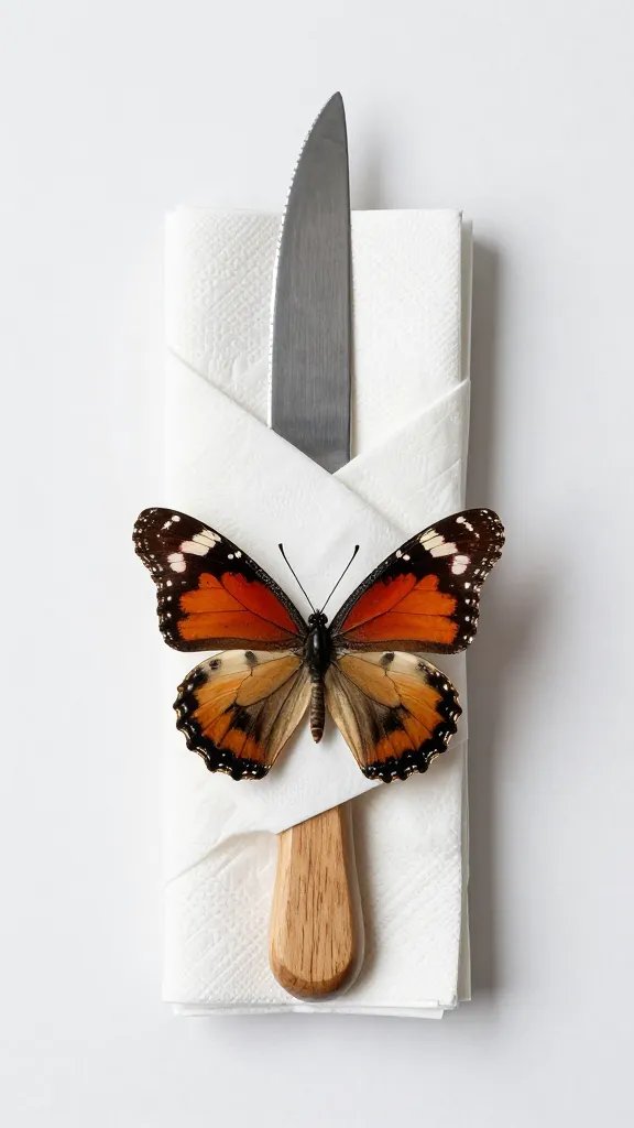 butterfly-fold napkin secured under single wooden knife
