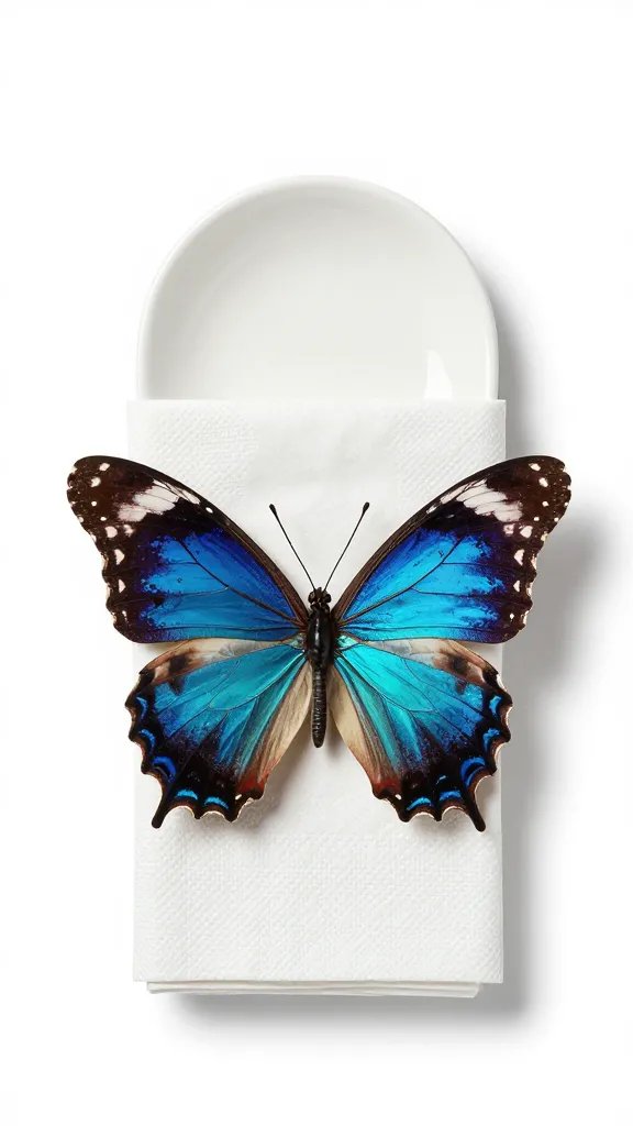 butterfly-fold napkin anchored by one ceramic bread plate