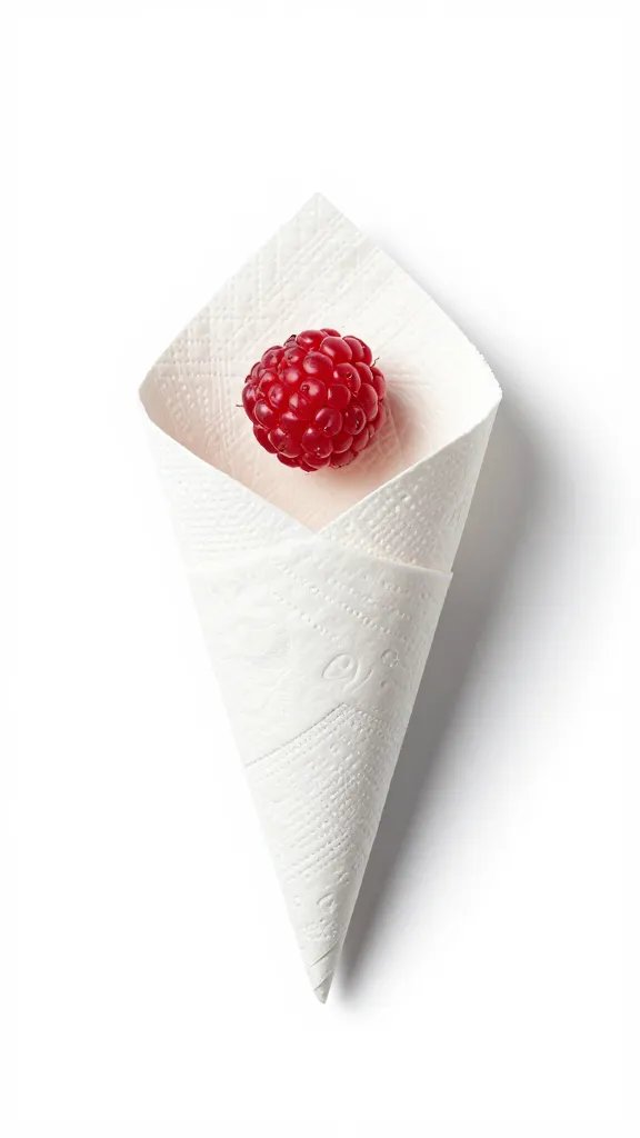 2-ply paper napkin cone fold holding a single berry