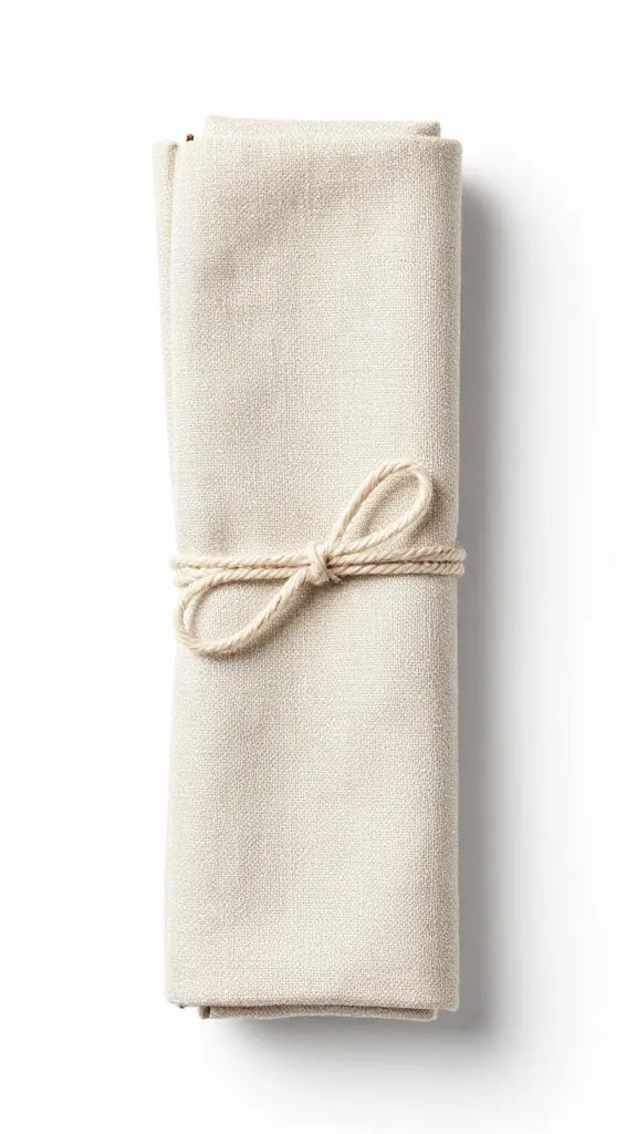 rolled cotton-linen napkin tied, tucked fork visible