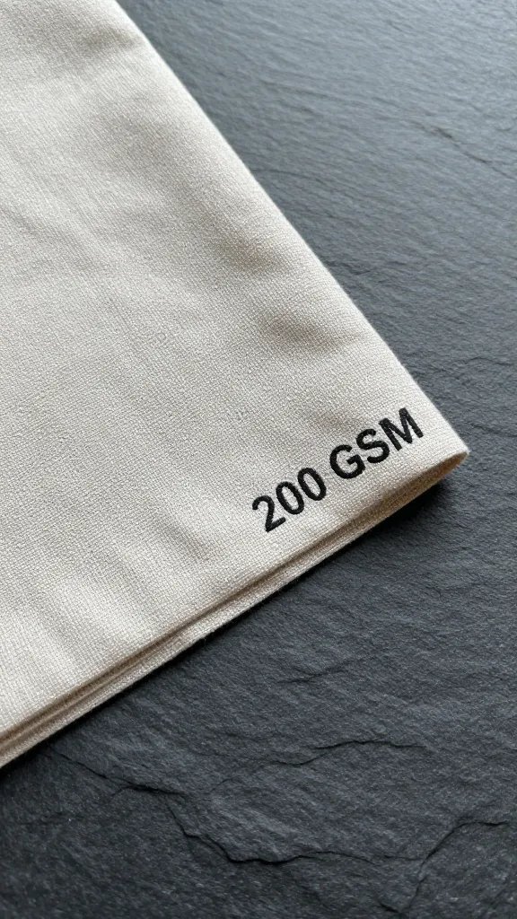 folded linen swatch labeled “200 GSM” on slate surface