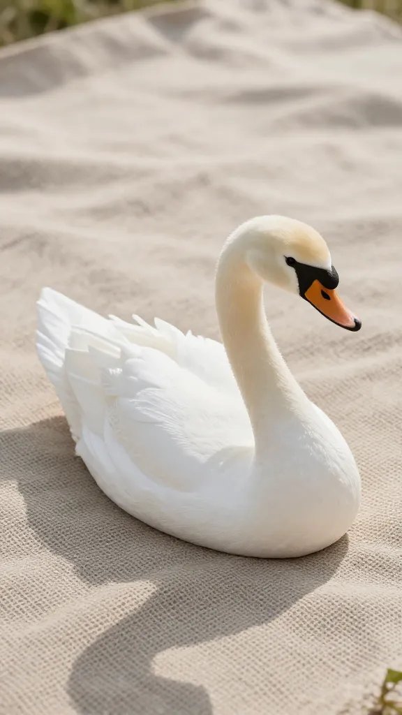 closeup of a single cotton napkin swan on picnic rug