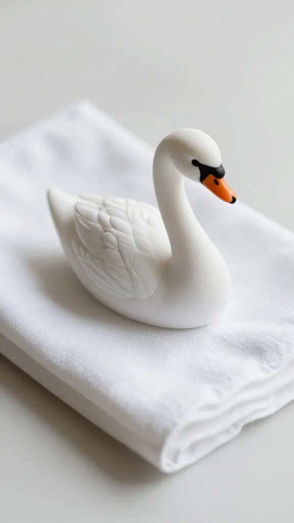 crisp white cotton napkin swan, shallow depth of field
